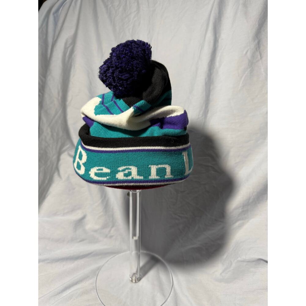 L.L.Bean Vintage Pom Beanie Teal Purple Black Mountain Knit Winter Hat - Picture 3 of 8